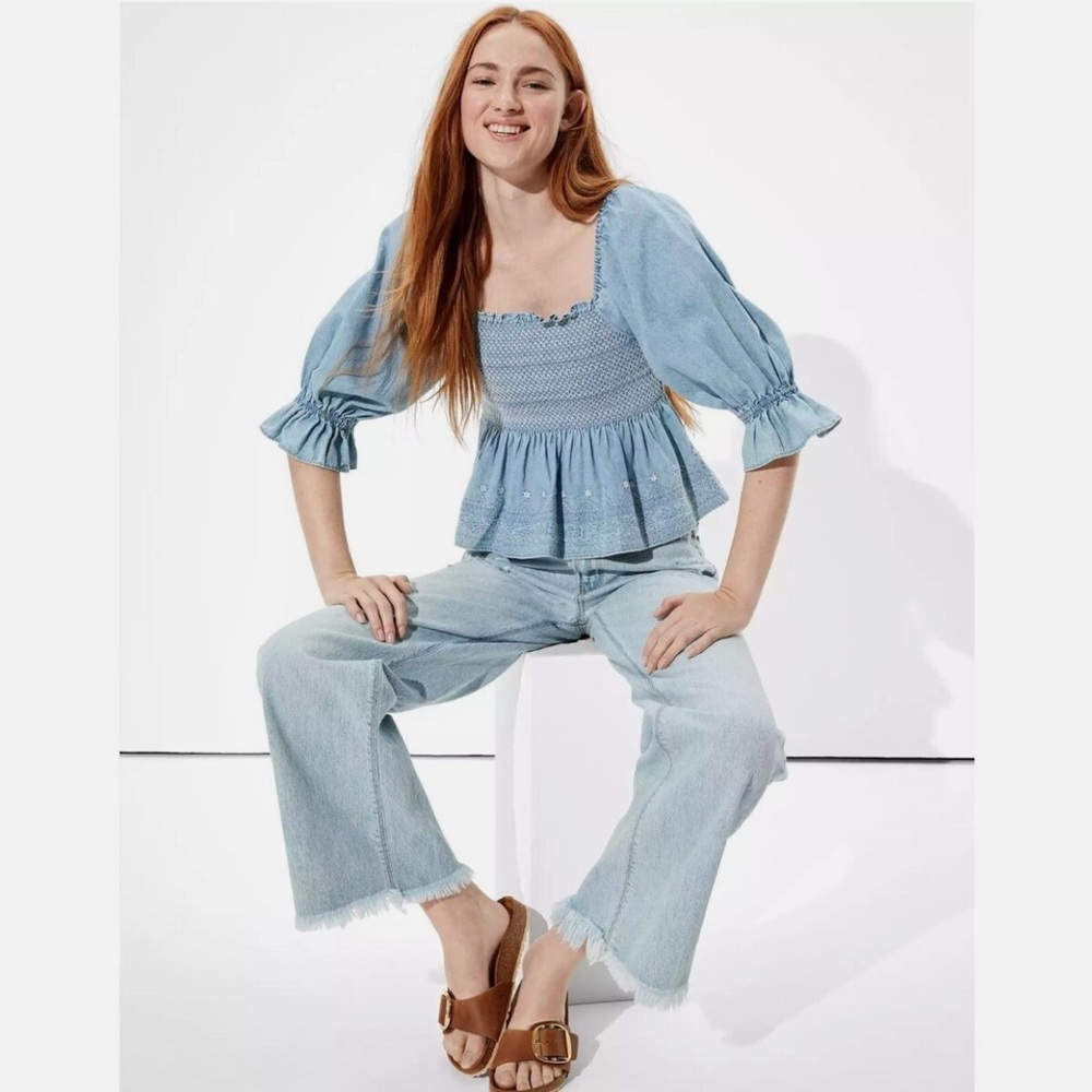American Eagle Smocked Denim Embroidered Peplum Square Neck Top Shirt Blouse